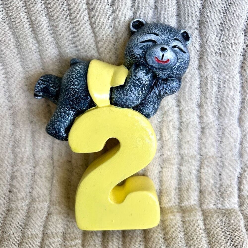 Two Year Old Ceramic Teddy‎ Bear Cake Topper Grey and Yellow